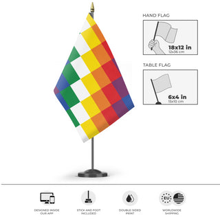 A mockup of the custom flag 'Indigenous People of South America Flag' as a desk flag and small hand waving flag