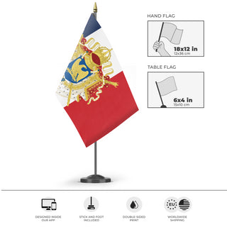 A mockup of the custom flag 'French Empire Flag' as a desk flag and small hand waving flag