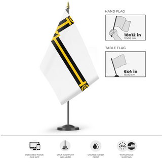 A mockup of the custom flag 'Teutonic Order Flag' as a desk flag and small hand waving flag