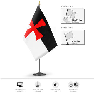 A mockup of the custom flag 'Templar Cross Flag' as a desk flag and small hand waving flag
