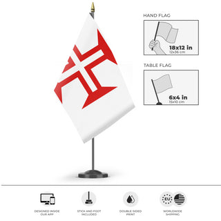 A mockup of the custom flag 'Portuguese Order of Christ Flag' as a desk flag and small hand waving flag