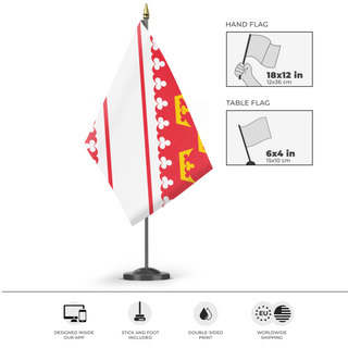 A mockup of the custom flag 'Alsace Flag' as a desk flag and small hand waving flag