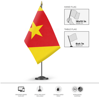 A mockup of the custom flag 'Amhara People Flag' as a desk flag and small hand waving flag