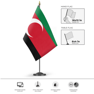 A mockup of the custom flag 'Fur People of Darfur Flag' as a desk flag and small hand waving flag