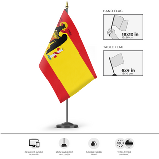 A mockup of the custom flag 'Francoist Spain Flag' as a desk flag and small hand waving flag