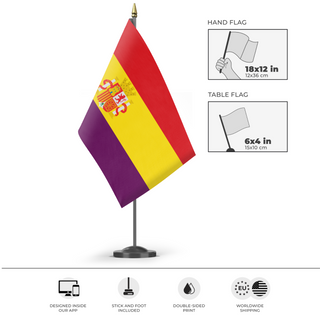 A mockup of the custom flag 'Second Spanish Republic Flag' as a desk flag and small hand waving flag