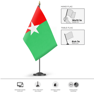 A mockup of the custom flag 'Somalia Jubaland Indepence Flag' as a desk flag and small hand waving flag