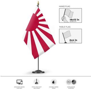 A mockup of the custom flag 'Japanese Empire Flag' as a desk flag and small hand waving flag