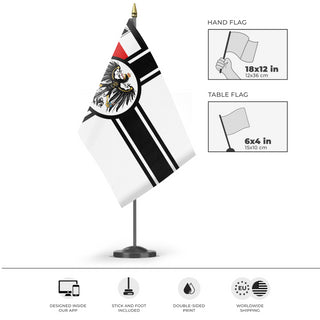 A mockup of the custom flag 'WW1 War Ensign of Germany flag' as a desk flag and small hand waving flag