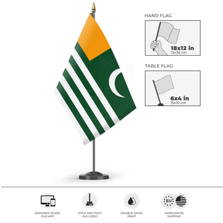 A mockup of the custom flag 'Azad Kashmir Flag' as a desk flag and small hand waving flag