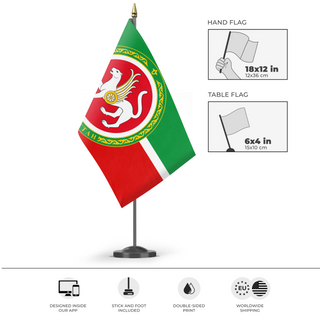 A mockup of the custom flag 'Tatarstan Flag' as a desk flag and small hand waving flag