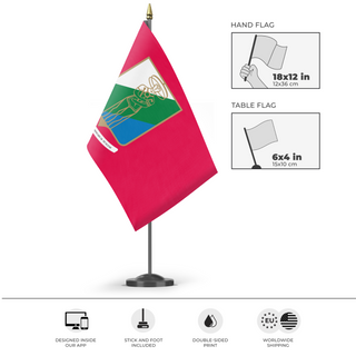 A mockup of the custom flag 'Abruzzo Flag' as a desk flag and small hand waving flag