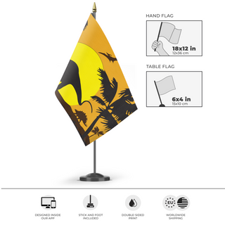 A mockup of the custom flag 'Dinosaur Flag' as a desk flag and small hand waving flag