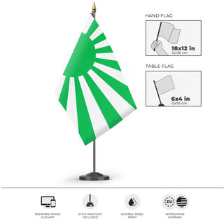 A mockup of the custom flag 'Japanese Rising Sun Green Flag' as a desk flag and small hand waving flag