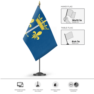 A mockup of the custom flag 'Joan of Arc Flag' as a desk flag and small hand waving flag