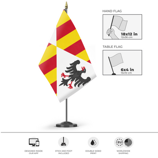 A mockup of the custom flag 'Norman Kingdom of Sicily Flag' as a desk flag and small hand waving flag