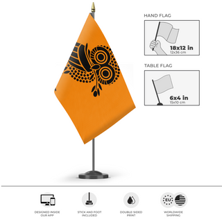 A mockup of the custom flag 'Ancient Athens Flag' as a desk flag and small hand waving flag
