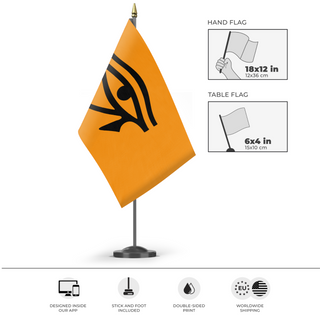 A mockup of the custom flag 'Ancient Egypt Flag' as a desk flag and small hand waving flag