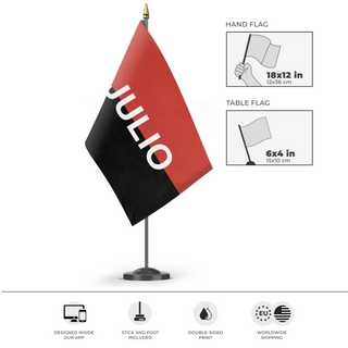 A mockup of the custom flag '26th of July Movement Flag' as a desk flag and small hand waving flag