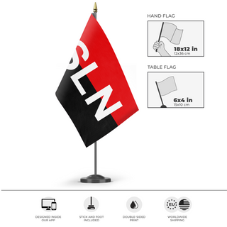 A mockup of the custom flag 'Sandinista National Liberation Front flag' as a desk flag and small hand waving flag
