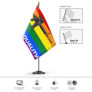 A mockup of the custom flag 'Defend Equality Flag' as a desk flag and small hand waving flag