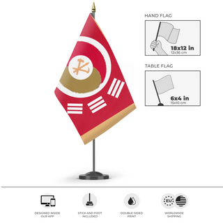 A mockup of the custom flag 'Peoples Empire of Korea flag' as a desk flag and small hand waving flag