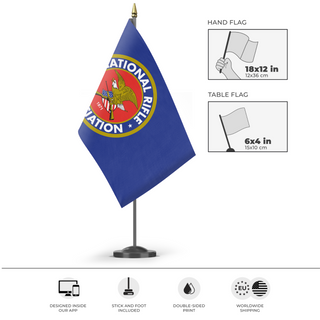 A mockup of the custom flag 'National Rifle Association flag' as a desk flag and small hand waving flag