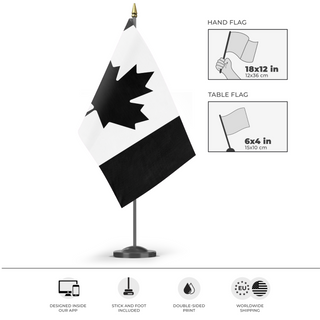 A mockup of the custom flag 'Black Canada Flag' as a desk flag and small hand waving flag