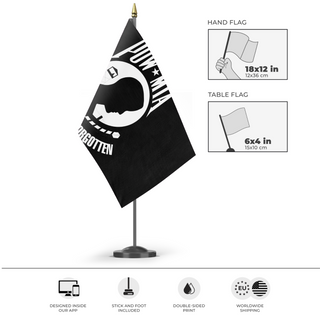 A mockup of the custom flag 'POW-MIA Flag' as a desk flag and small hand waving flag