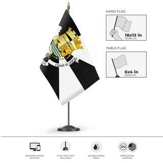A mockup of the custom flag 'Lisbon Flag' as a desk flag and small hand waving flag