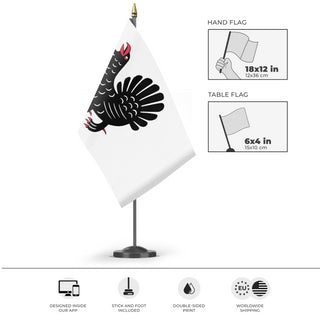 A mockup of the custom flag 'Central Finland Flag' as a desk flag and small hand waving flag