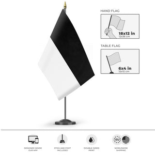A mockup of the custom flag 'Ulm Flag' as a desk flag and small hand waving flag