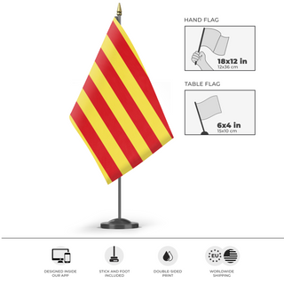 A mockup of the custom flag 'Catalonia Independence Flag' as a desk flag and small hand waving flag