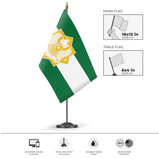 A mockup of the custom flag 'Modernised Al-Andalus Flag' as a desk flag and small hand waving flag