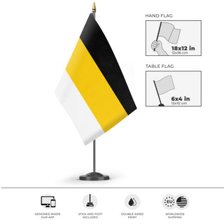 A mockup of the custom flag 'Russian Empire 1858 Flag' as a desk flag and small hand waving flag