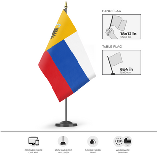 A mockup of the custom flag 'Russian Empire Flag' as a desk flag and small hand waving flag