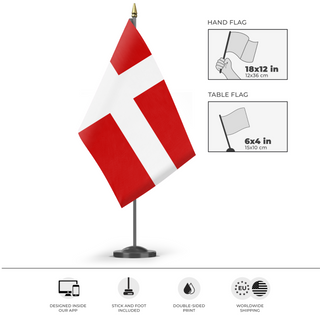 A mockup of the custom flag 'Savoy Flag' as a desk flag and small hand waving flag