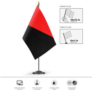 A mockup of the custom flag 'Anarchist Flag' as a desk flag and small hand waving flag