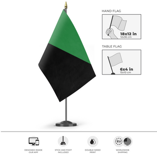 A mockup of the custom flag 'Anarcho-primitivism  Flag' as a desk flag and small hand waving flag