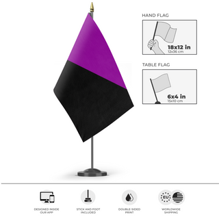 A mockup of the custom flag 'Anarcho-feminism Flag' as a desk flag and small hand waving flag