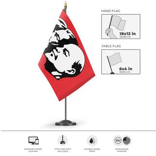 A mockup of the custom flag 'Communist Flag' as a desk flag and small hand waving flag