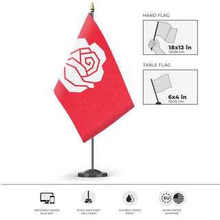 A mockup of the custom flag 'Social Democracy Flag' as a desk flag and small hand waving flag