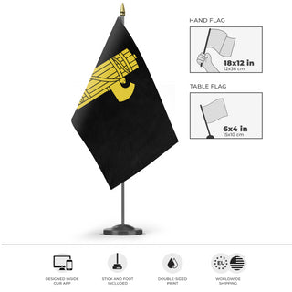 A mockup of the custom flag 'Fascist Flag' as a desk flag and small hand waving flag