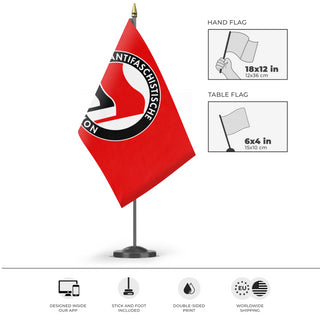A mockup of the custom flag 'Anti-Fascist Flag' as a desk flag and small hand waving flag