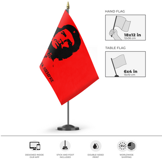 A mockup of the custom flag 'Che Guavara Flag' as a desk flag and small hand waving flag