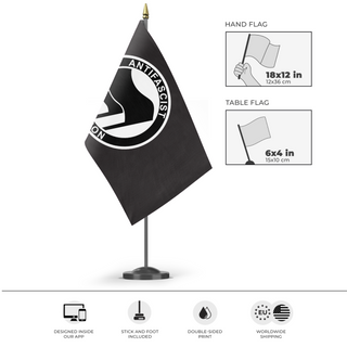 A mockup of the custom flag 'Anti-Fascist Flag' as a desk flag and small hand waving flag
