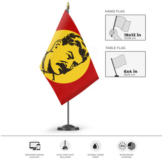 A mockup of the custom flag 'Stalin Flag' as a desk flag and small hand waving flag