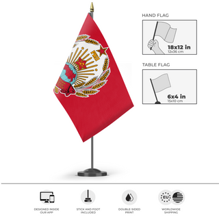 A mockup of the custom flag 'Bolshevik Flag' as a desk flag and small hand waving flag