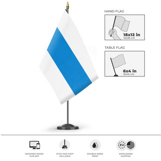 A mockup of the custom flag 'Russian No War Flag' as a desk flag and small hand waving flag