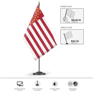 A mockup of the custom flag 'Communist America Flag' as a desk flag and small hand waving flag